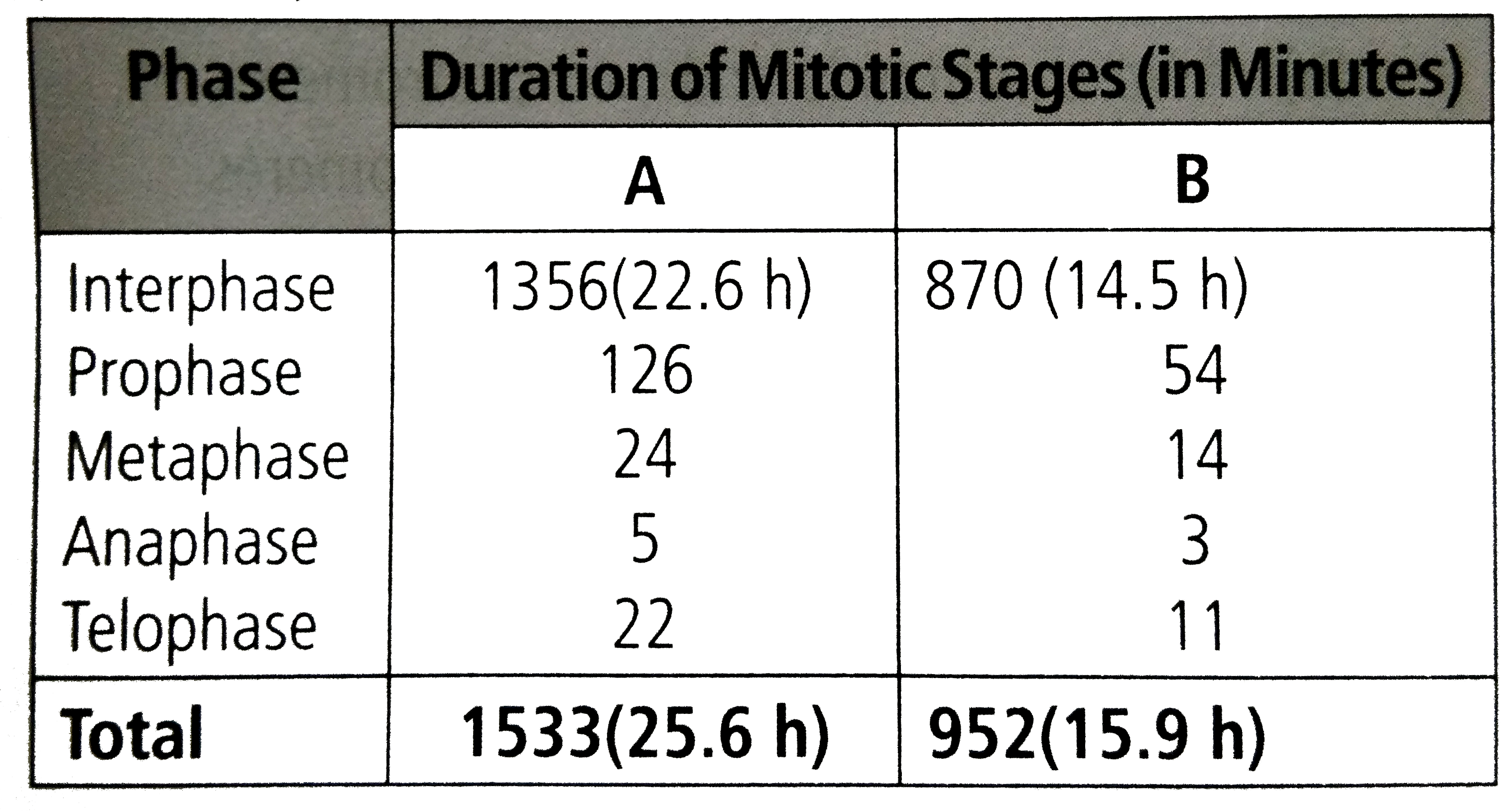 The durations of mitotic stages in two situations. (A and B) are tabulated below.      Following are some interpretations:    1. 'A' and 'B' indicate the same plant tissue grown at higher and lower temperature respectively.   II. 'A' indicates a slow growing plant species and 'B' indicates a fast growing plant species.    III. Both 'A' and 'B' indicate dormant  plant tissues with excessively long interphase.    The correct interpretations is/are