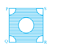 આકૃતિમાં દર્શાવ્યા પ્રમાણે 4 સેમી બાજુવાળા ચોરસના પ્રત્યેક ખૂણા પર 1 સેમી 
ત્રિજયાવાળા વર્તુળનો ચતુર્થીશ ભાગ કપાયેલો છે તથા 2 સેમી વ્યાસવાળું એક 
વર્તુળ પણ કાપેલું છે. ચોરસના બાકીના ભાગનું ક્ષેત્રફળ .... છે.