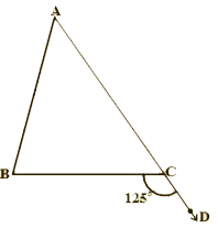 In the given figure triangleABC side AC has been produced to D. angleBCD = 125^(@) and angleA:angleB= 2 : 3, find the measure of angleA and angleB