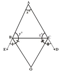 In the adjacent figure the sides AB and AC of Delta ABC are produced to points E and D respectively. If bisectors BO and CO of angleCBE and angleBCD respectively meet at point O, then prove that angleBOC = 90^(@)-(1)/(2) angleBAC.
