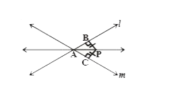 P is a point equidistant from two lines l and m intersecting at point A (see figure). Show that the line AP bisects the angle between them.