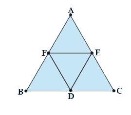 In the figure, ΔABC, D, E, F are the midpoints of sides BC, CA and AB respectively. Show that   (i) BDEF is a parallelogram   (ii) ar(DeltaDEF)=1/4ar(DeltaABC)   (iii) ar(BDEF)=1/2ar(DeltaABC)