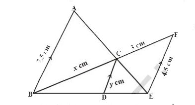 In the given figure,  AB || CD || EF. given that  AB=7.5 cm, DC= y cm EF = 4.5 cm and BC = x cm, find the values of x and y.