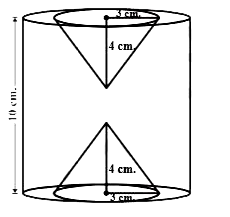 In the adjacent figure, the height of a solid cylinder is 10 cm and diameters is 7 cm . Two equal conical holes of radius 3 cm  and height 4 cm are cut off as shown the figure. Find the volume of the remaining solid.