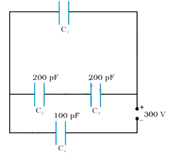 Obtain the equivalent capacitance of the network in Fig. 2.33. For a 300 V supply, determine the charge and voltage across each capacitor.
