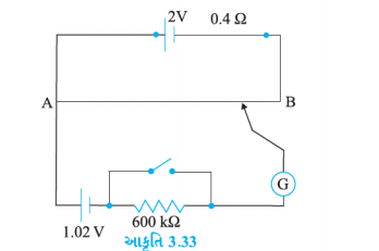 આકૃતિ 3.33માં 2.0 V અને 0.40 Omegaનો આંતરિક અવરોધ ધરાવતો વિદ્યુતકોષ 
પોટેન્શિયોમીટરના અવરોધતાર ABના બે છેડા વચ્ચે સ્થિતિમાન જાળવી રાખે છે. અચળ 1.02V emf (ખૂબ જ ઓછા, mA જેટલો પ્રવાહ માટે) જાળવી રાખતો એક પ્રમાણભૂત કોષ તાર પર 67.3 cm અંતરે તટસ્થબિંદુ આપે છે. પ્રમાણભૂત કોષમાંથી ખૂબ ઓછો પ્રવાહ વહે છે તે સુનિશ્ચિત કરવા 600 k Omega જેટલો ખૂબ મોટો અવરોધ તેની સાથે શ્રેણીમાં જોડવામાં આવે છે કે જે તટસ્થબિંદુની નજીક લઘુપથિત(Shorted or Short Circuited) કરેલ છે. ત્યારબાદ આ પ્રમાણભૂત કોષને સ્થાને અજ્ઞાત emf epsilon ધરાવતો કોષ મૂકવામાં આવે છે અને આ જ રીતે તટસ્થબિંદુ શોધવામાં આવે છે, જે તારની 82.3 cm લંબાઈ આગળ મળે છે.600 kડીના ખૂબ મોટા અવરોધનો હેતુ શું છે?