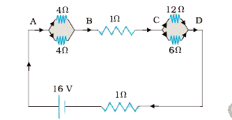 A network of resistore is connected to a 16 V battery with internal resistance of 1Omega, as shown in (a) Compute the equivalent resistance of the network. (b) Obtain the current in each resistor.  (c ) obtain the voltage drops V (AB), V (BC) and V (CD)