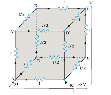A bettery of 10 V and negligible internal resistance is connected across the diagonally opposite corners of a cubical network consisting of 12 resistors each of resistance 1Omega Determine the equivalent resistance of the network and the current along each edge of the cube.