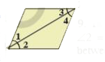 In the adjacent figures, If angle1 = angle3, angle2 = angle4 and angle3 = angle4 write the relations between angle1 and angle2 using an Euclid's postulate.