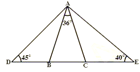 In the adjacent figure, it is given that AB =AC, angleBAC = 36^(@) , angleADB = 45^(@)  and angleAEC = 40^(@) . Find (i) angleABC (ii) angleACB (iii) angleDAB (iv) angleEAC.