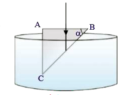 A rectangle glass wedge (prism) is immersed in water as shown in figure E-a. For what value of angle alpha, will the beam of light, which is normally incident on AB, reach AC entirely as shown in figure E-b. Take the refractive index of water as 4/3 and the refractive index of glass as 3/2.