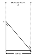 A man wishes to estimate the distance of a nearby tower from him. He stands at a point A in front of the tower C and spots a very distant object O in line with AC. He then walks perpendicular to AC up to B, a distance of 100 m, and looks at O and C again. Since O is very distant , the direction BO is practically the same as AO, but he finds the line of sight of C shifted from the original line of sight by an angle theta = 40^(@) (theta is known as 'Parallax') estimate the distance of the tower C from his original position A.