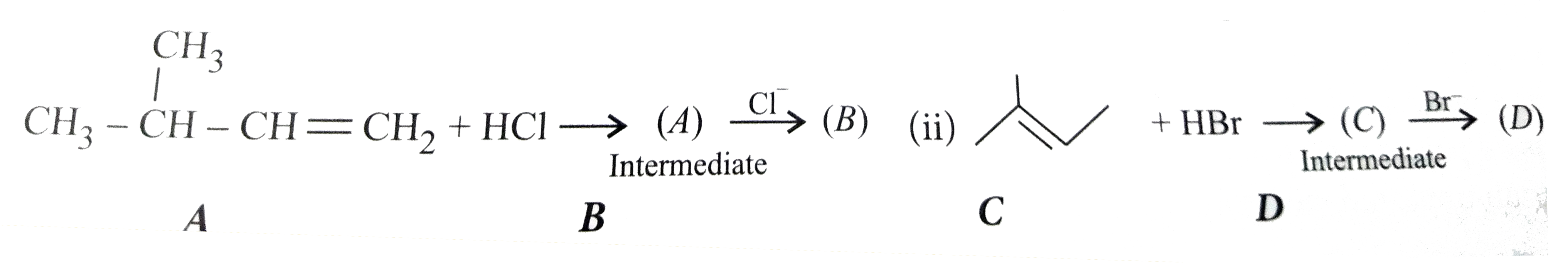 Complete the following reactions by filling most stable intermediate and the product.