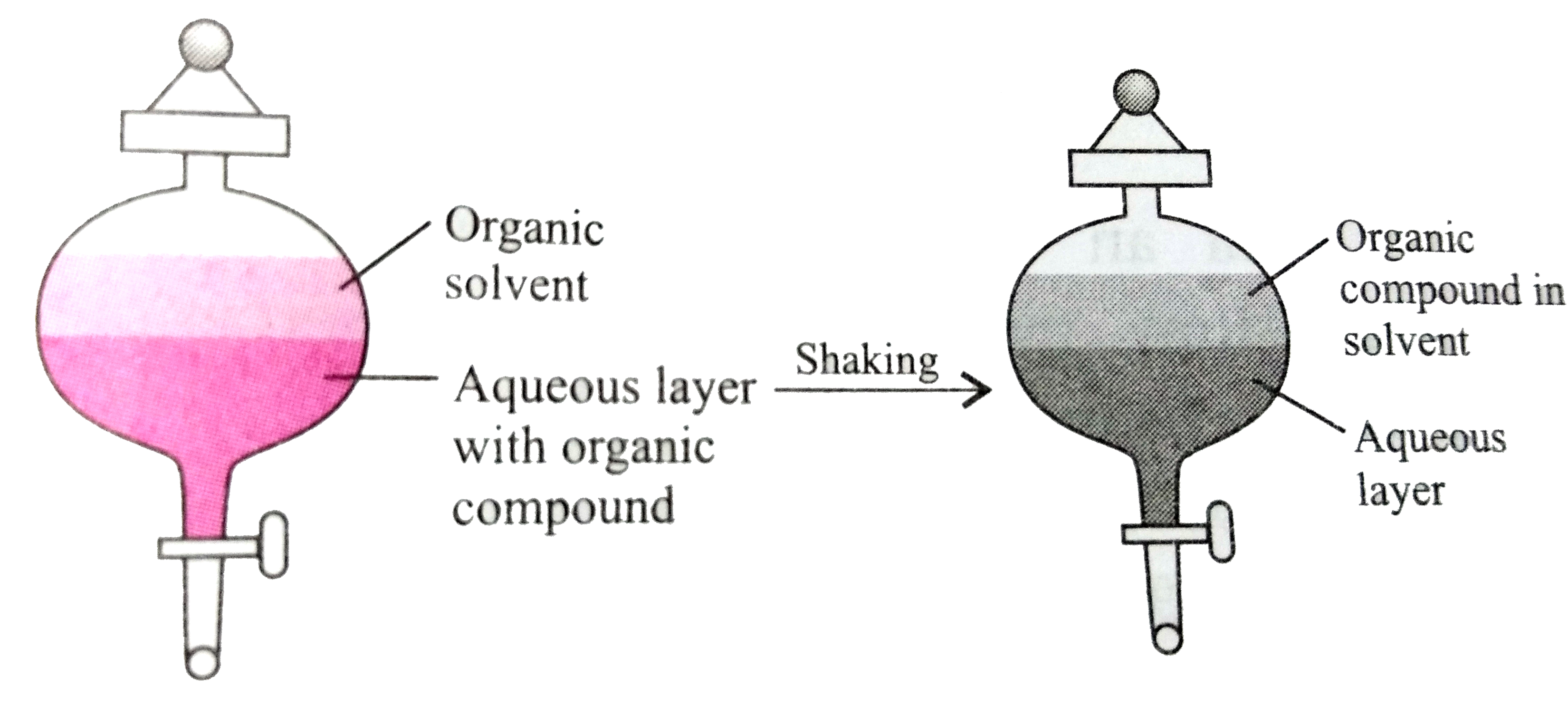 The process of separation of an organic compound from its aqueous solution by shaking with a suitable solvent in termed solvent extraction or differential extraction.      The organic compound present in the aqueous layer moves to the organic solvent because