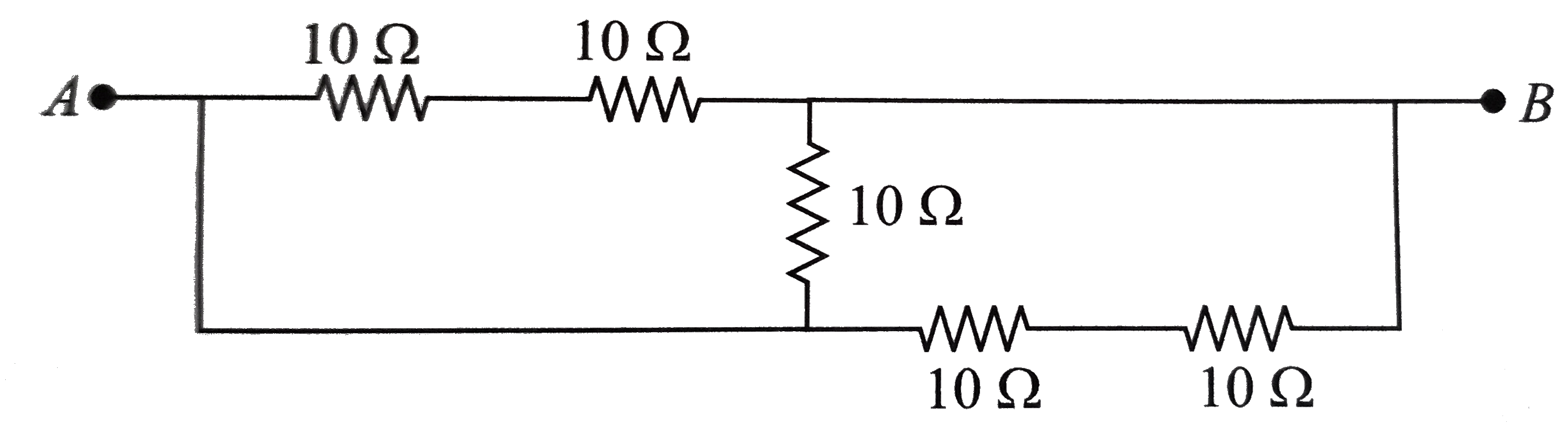 Five equal resistances of 10Omega are connected between A and B as shown in figure. The resultant resistance