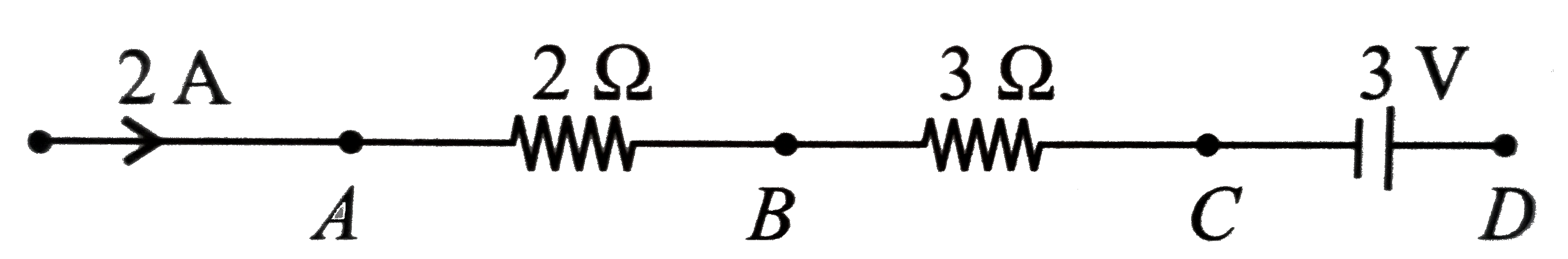 In the given circuit the potential at point B is zero, the potential at points A and D will be