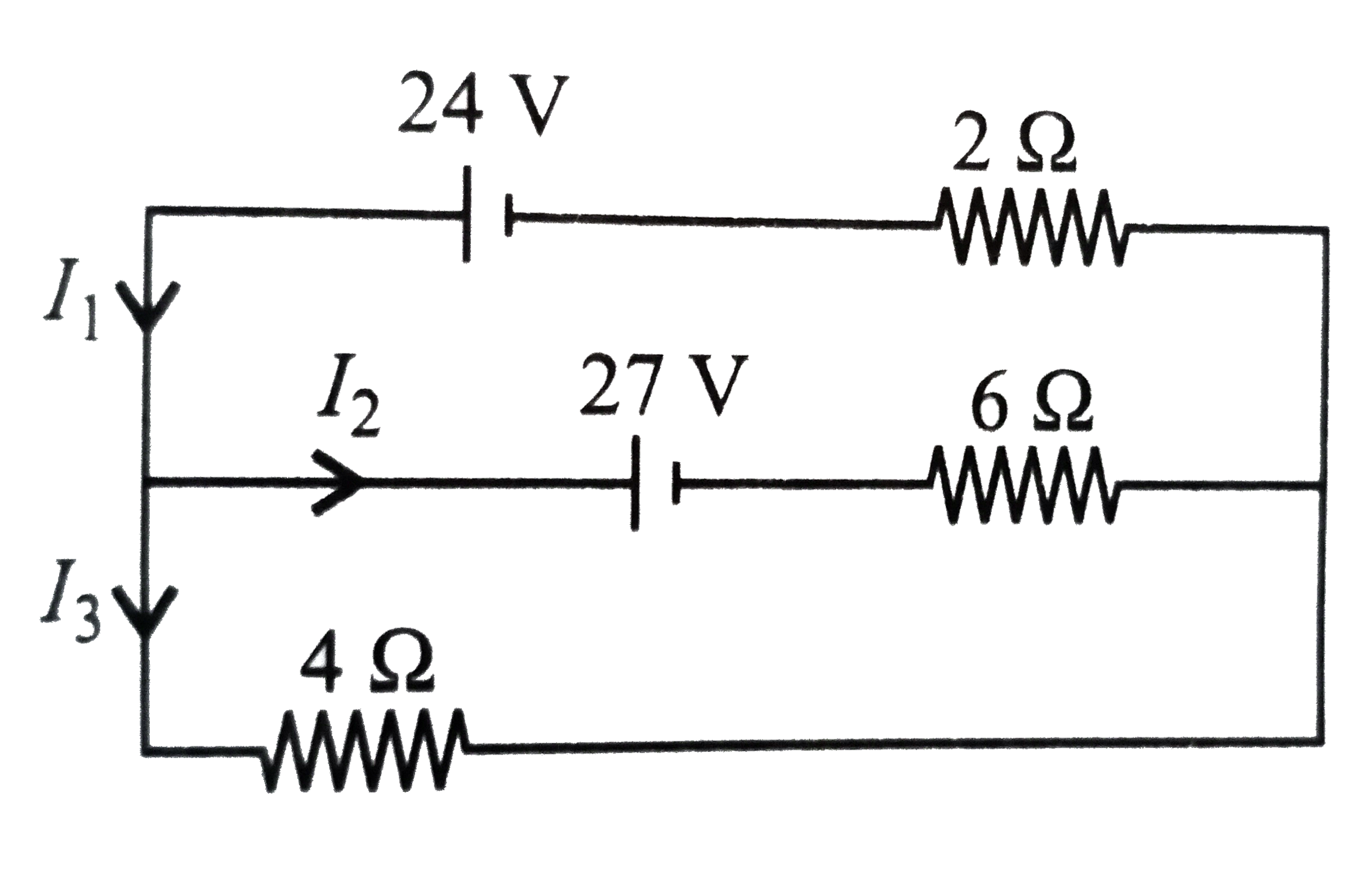 In the circuit shown, the value of currents I(1), I(2) and I(3) are