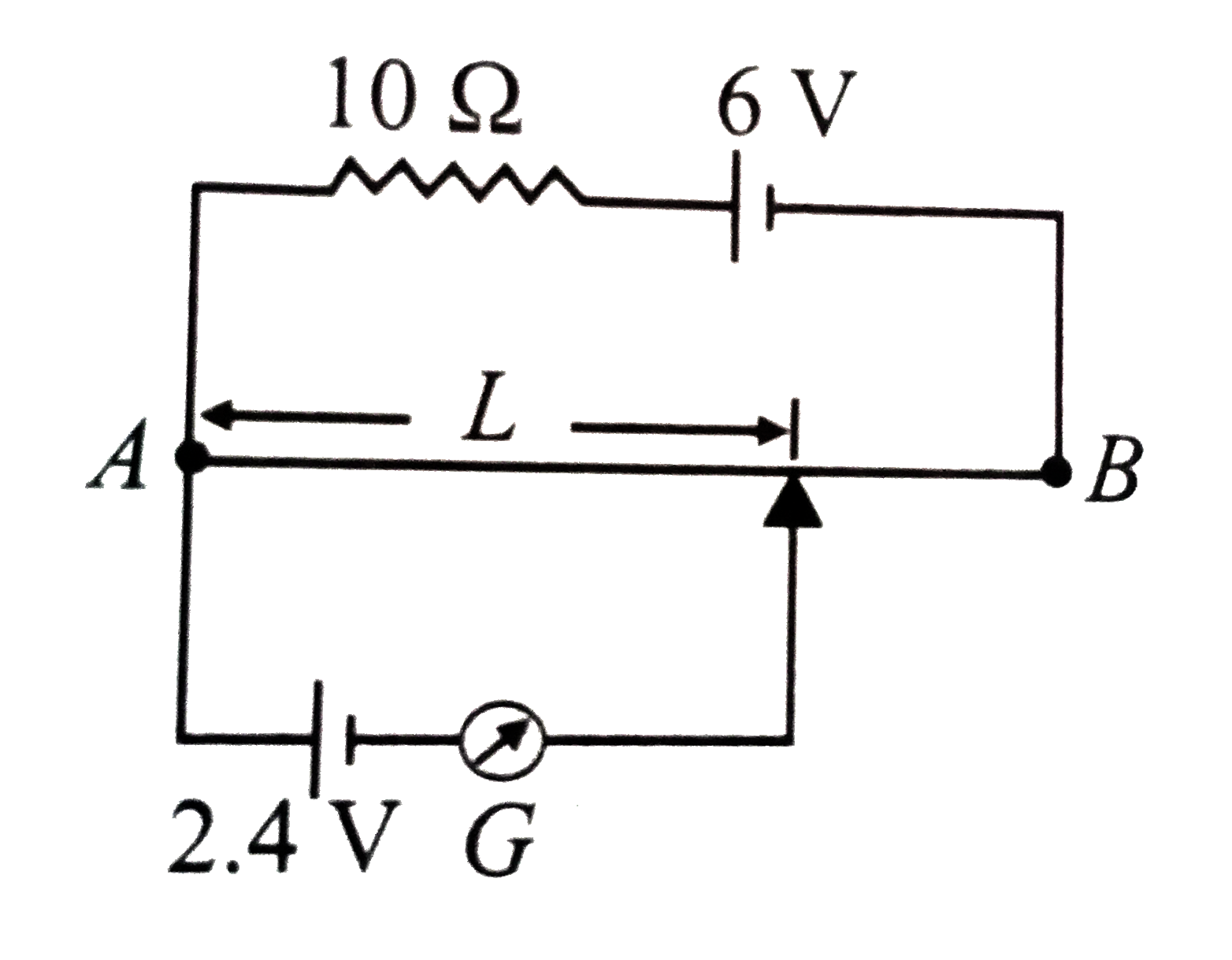 A potentiometer wire of length 200cm has a resistance of 20Omega It is connected in series with a resistance of 10Oemga and an accumulator of emf of 6V having negligible resistance. A source of 2.4V is balanced against a length L of the potentiometer wire. The value of L is