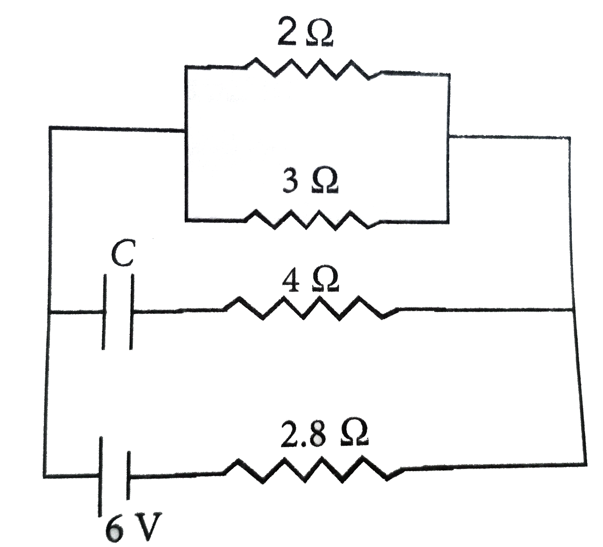 Calculate the steadystate current in the 2Omega resistor shown in the circuit in the figure. The internal resistance of the battery is negligible and the capacitance of the condenser C is 0.2 muF.