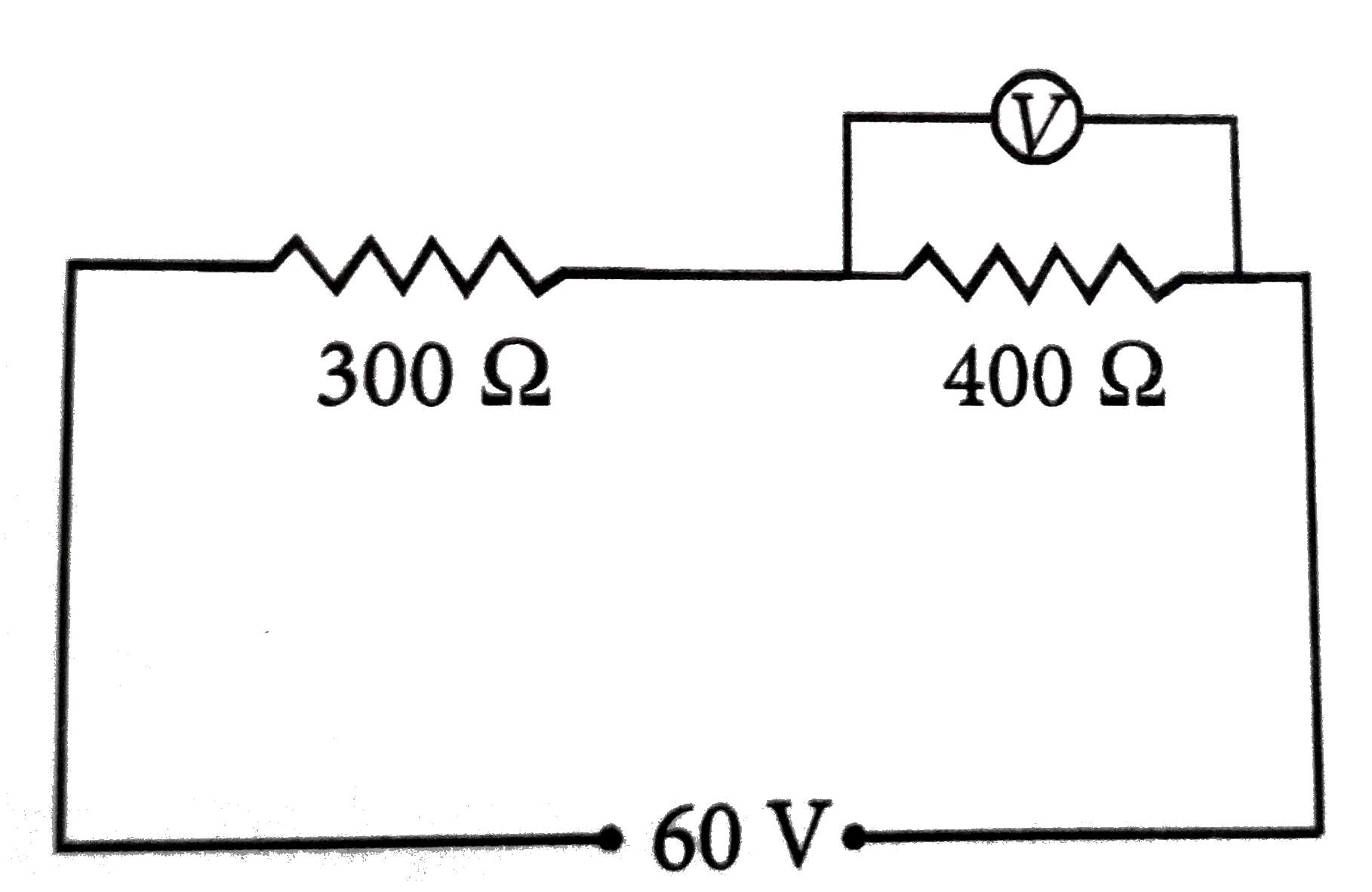 In the circuit shown in figure, a voltmeter reads 30 volts when it is connected across 400 ohm resistance. Calculate what the  same voltmeter will read when it is connected across the 300 ohm resistance.