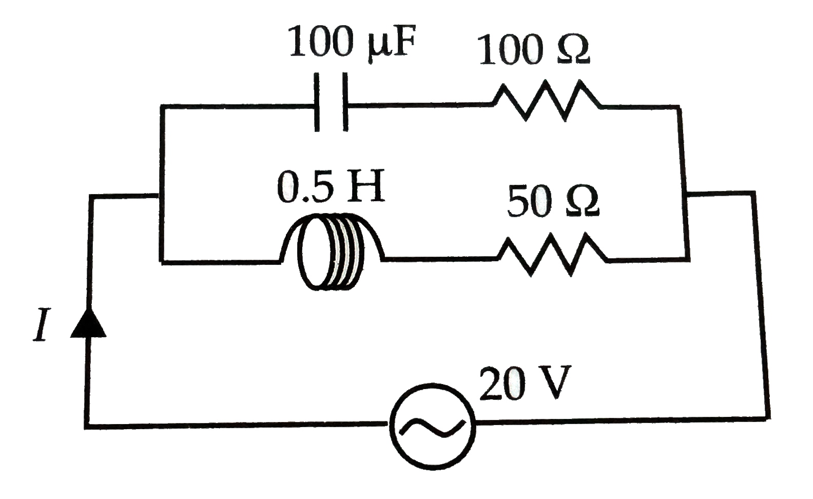 In the given circuit, the AC source has omega=100 red/s. Considering the inductor and capacitor to be ideal, the correct choice is