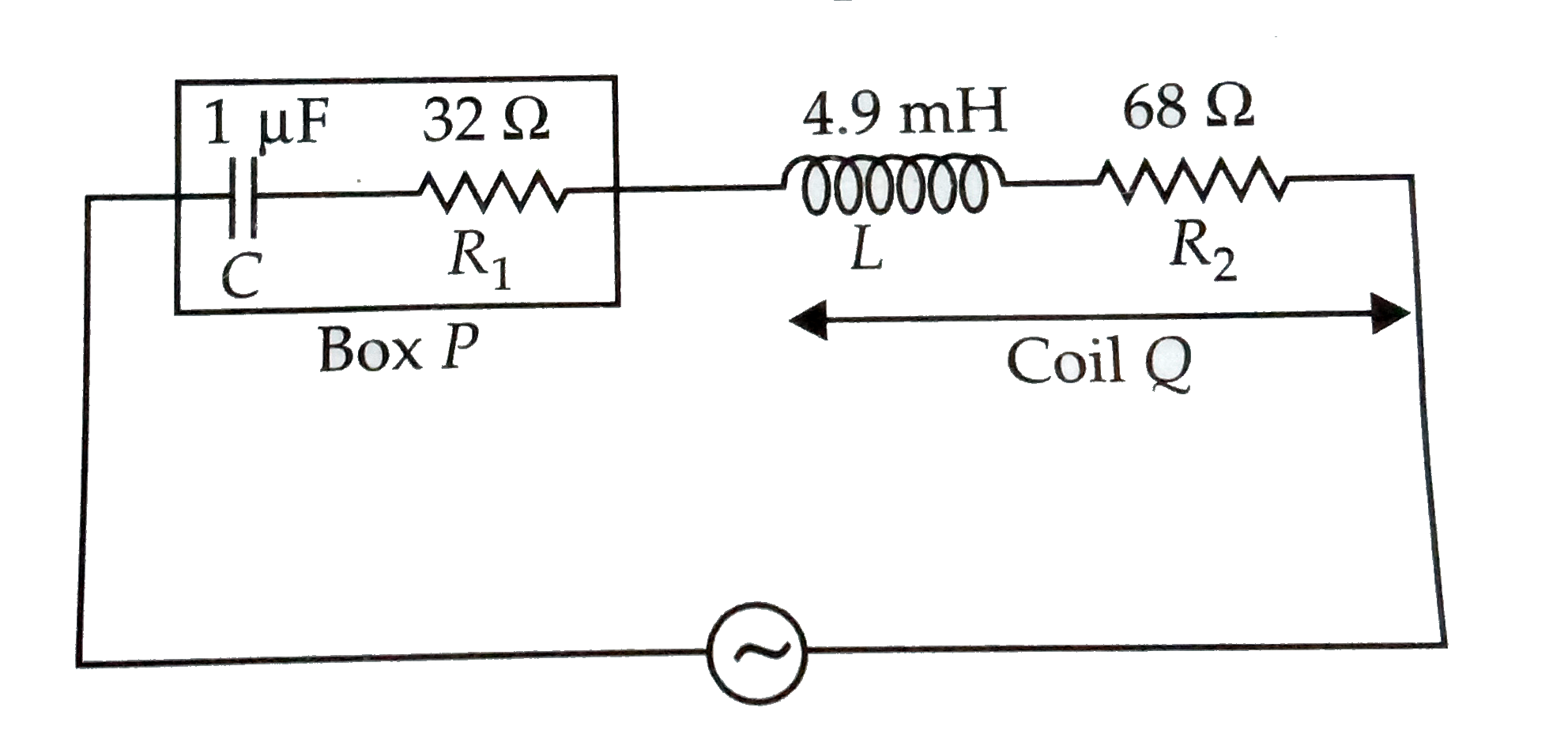 A box P and a coil Q are connected in series with an  ac source of variable frequency. The emf of source is constant at 10 V. Box P contains a capacitance of 1mu F in series with a resistance of 32 Omega. Coil Q has self inductance 4.9mH and  a resistance 68 Omega in series. The frequency is adjusted so that the maximum current flows in P and Q . At this frequency the voltage across P and Q respectively