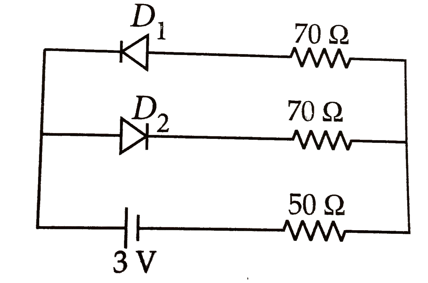The circuit shown in the figure contains two diodes each with a forward resistance of 30 Omega and with infinite backward resistance. If the battery is 3 V, the current through the 50 Omega resistance (in ampere) is