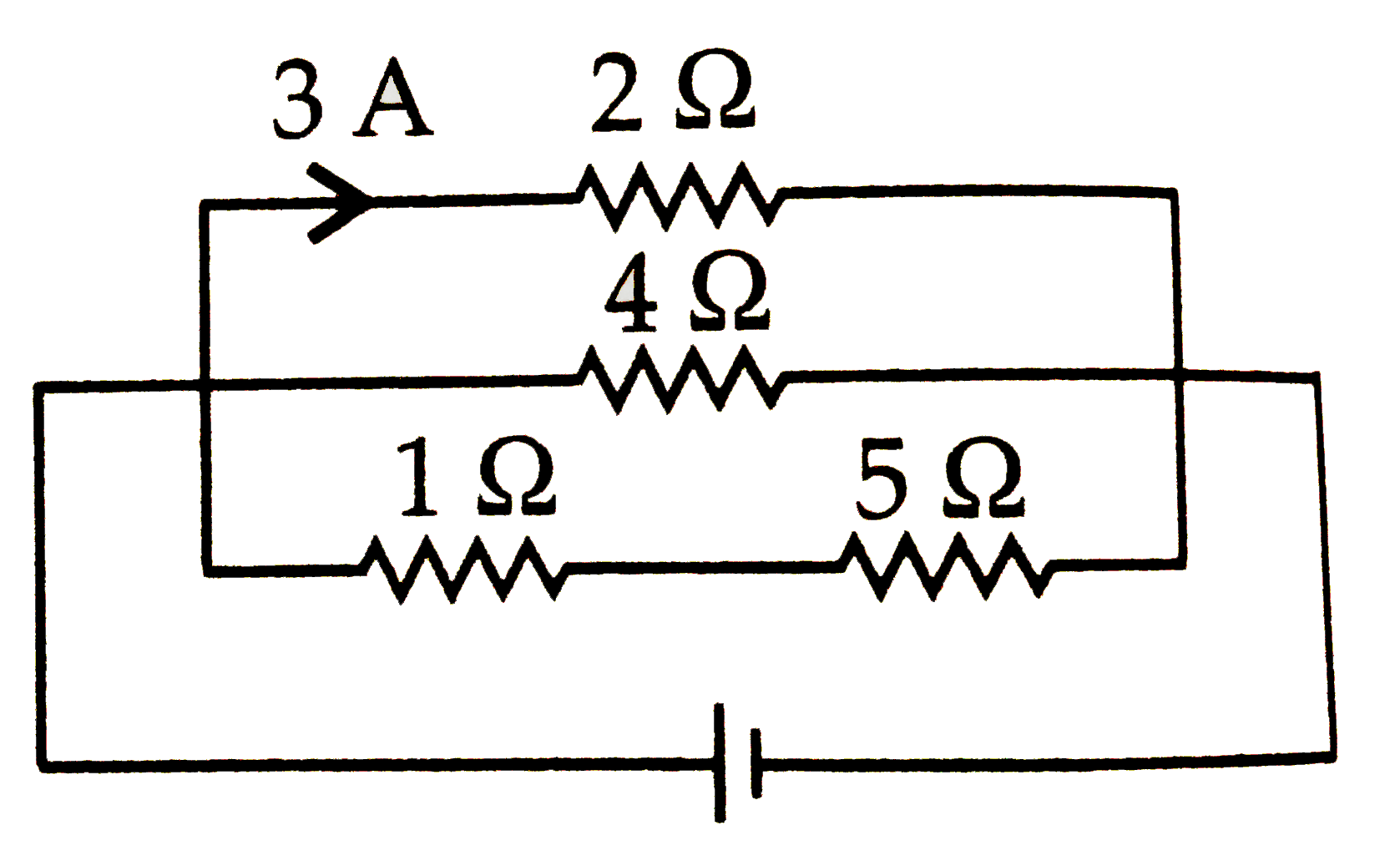 A current of 3 A flows through the 2 Omega  resistor shown in the circuit below. The power dissipated in the 5 Omega resistor is