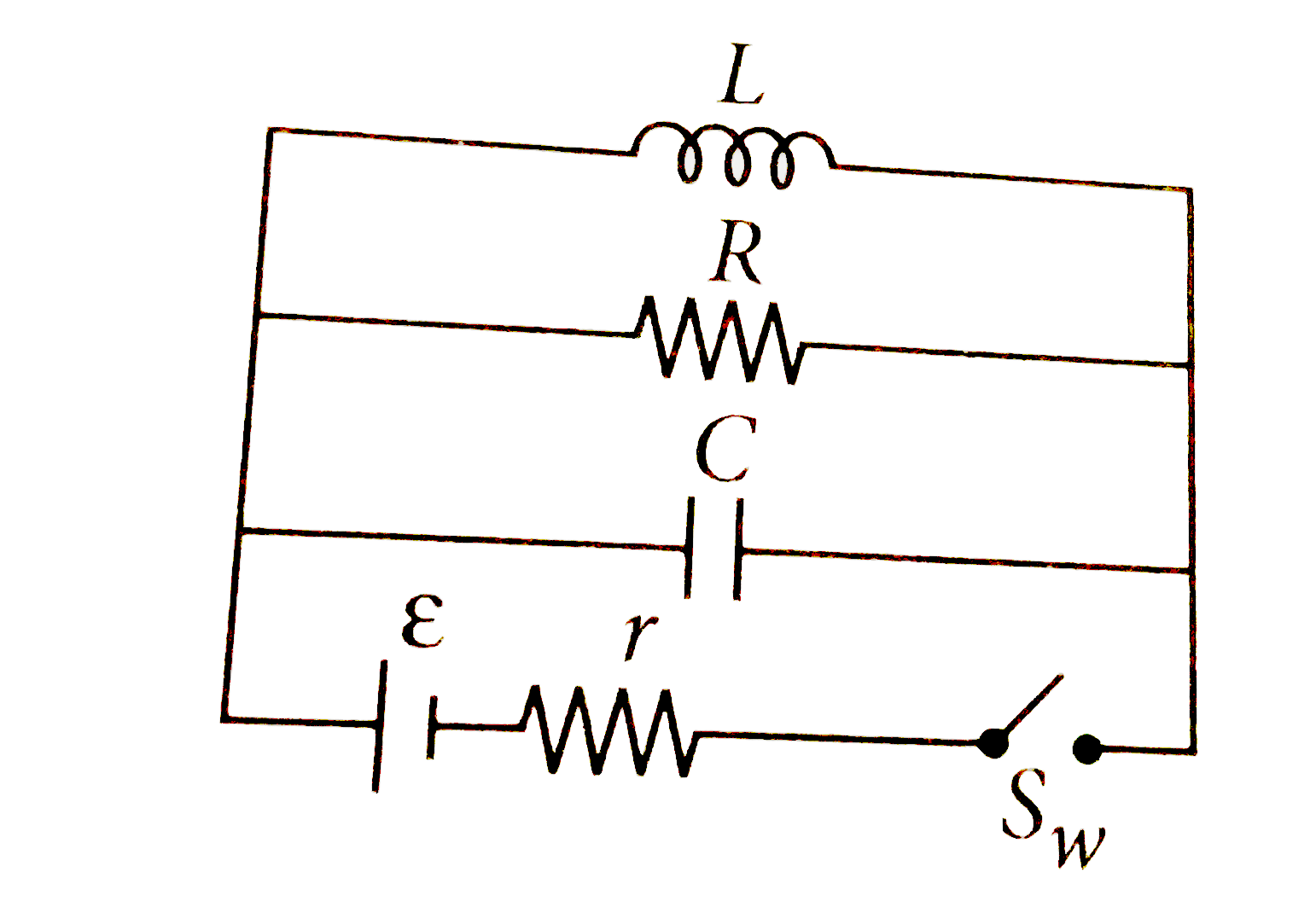 A pure inductor L, a capacitor C and a resistance R are connected across a battery of emf epsilon and  internal resistance r as shown in the figure. The switch S(w) is closed at t = 0, select the correct alternative.