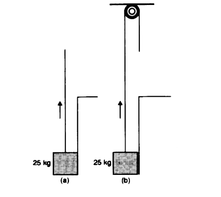A block of mass 25 kg is raised by a 50 kg man in two different ways as shown in Fig. 5.19. What is the action on the floor by the man in the two cases ? If the floor yields to a normal force of 700 N , which mode should the man adopt to lift the block without the floor yielding ?