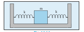 Two identical springs of spring constant k are attached to a block of mass m and to fixed supports as shown in Fig. 14.14. Show that when the mass is displaced from its equilibrium position on either side, it executes a simple harmonic motion. Find the period of oscillations.