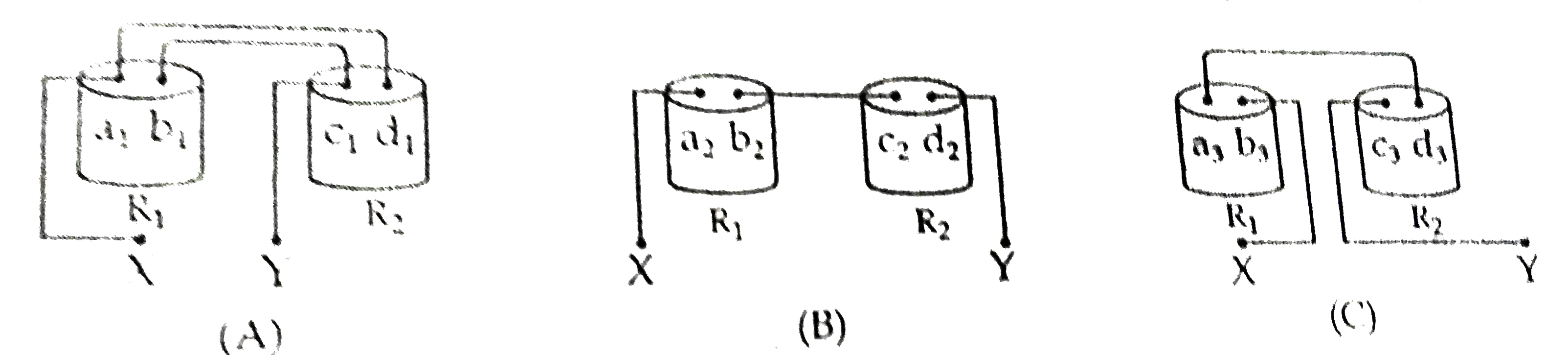 Three students (A), (B) and (C) connect their two given resistors R(1) and R(2) in the manners shown below :      They connect the terminals marked X and Y above to the terminals marked X and Y in the circuit given below:      The record the Ammeter readings (I) for different positions of the rheostat and the corresponding Voltmeter readings (V).   The average value of the ratio V/I in their observations would be minimum for :
