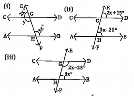 In the figures given below AB |\| CD. EF is the transversal intersecting AB and CD at G and H respectively. Find the values of x and y. Give reasons :