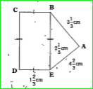 The rectangle BCDE in this figure. Which figure has greater perimeter by how much?