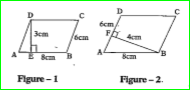 ABCD is a parallelogram with sides 8cm and 6cm. in figure-1, what is the base of the parallelogram? What is the height? What is the area of parallelogram? In figure-2, what is the base of parallelogram? What is the height? What is the area of parallelogram? Is the area of figure-1 and figure-2 the same?