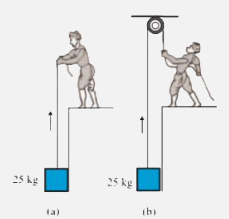 A block of mass 25 kg is raised by a 50 kg man in two different ways as shown in Fig.  What is the action on the floor by the man in the two cases ?  If the floor yields to a normal force of 700 N, which mode should the man adopt to lift the block without the floor yielding ?