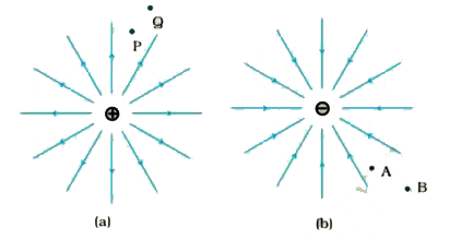 Figures 2.8 (a) and (b) show the field lines of a positive and negative point charge respectively.      (a) Give the signs of the potential difference V(P)-V(Q): V(B)-V(A).   (b) Give the sign of the potential energy difference of a small negative charge between the points Q and P, A and B.   (c) Give the sign of the work done by the field in moving a small positive charge from Q to P.   (d) Give the sign of the work done by the external agency in moving a small negative charge from B to A.   (e) Does the kinetic energy of a small negative charge increase or decrease in going from B to A?