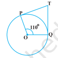 दी गई  आकृति  में, यदि TP , TQ केंद्र O वाले किसी वृत्त पर दो स्पर्श रेखाएँ इस प्रकार हैं कि angle POQ = 110^(@),   तो angle PTQ बराबर है :