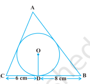 4 cm त्रिज्या वाले एक वृत्त के परिगत एक त्रिभुज ABC इस प्रकार खींचा गया है कि रेखाखण्ड BD और DC (जिनमें स्पर्श बिंदु D द्वारा BC विभाजित है) की लंबाइयाँ क्रमश : 8 cm और 6 cm हैं। भुजाएँ AB और AC ज्ञात कीजिए।