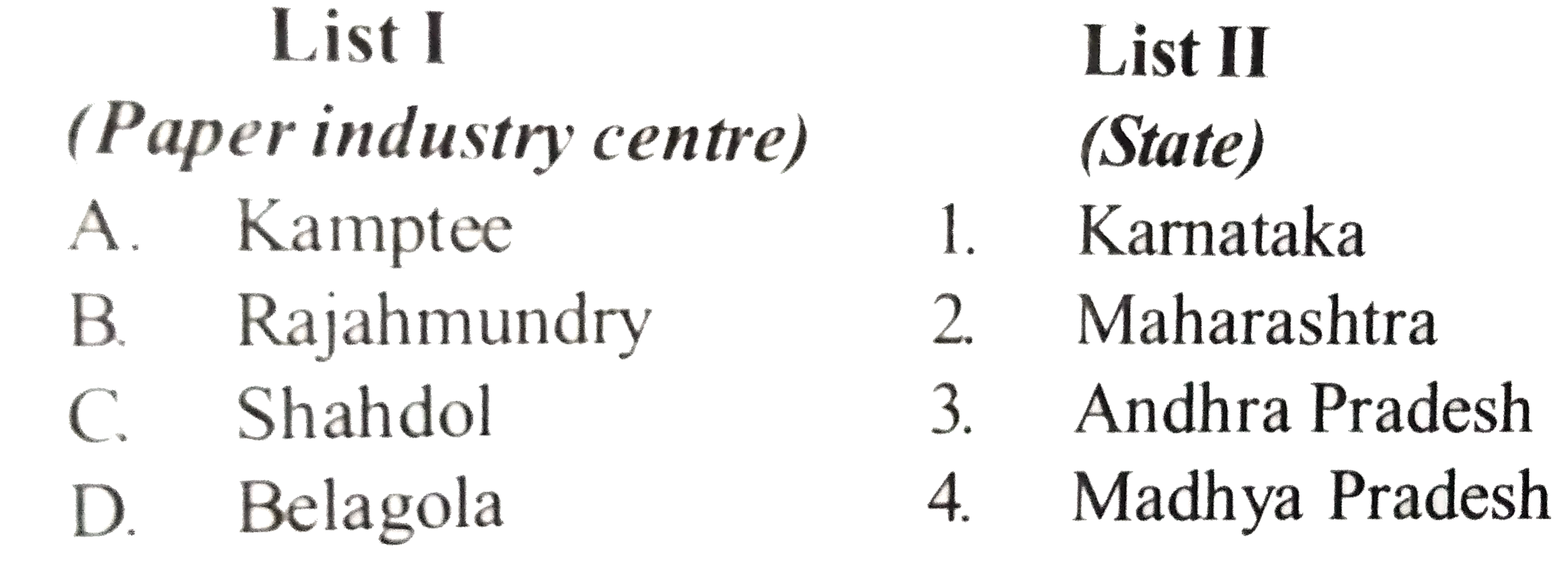 Match List I with List II and select the correct answer using the code given below the lists