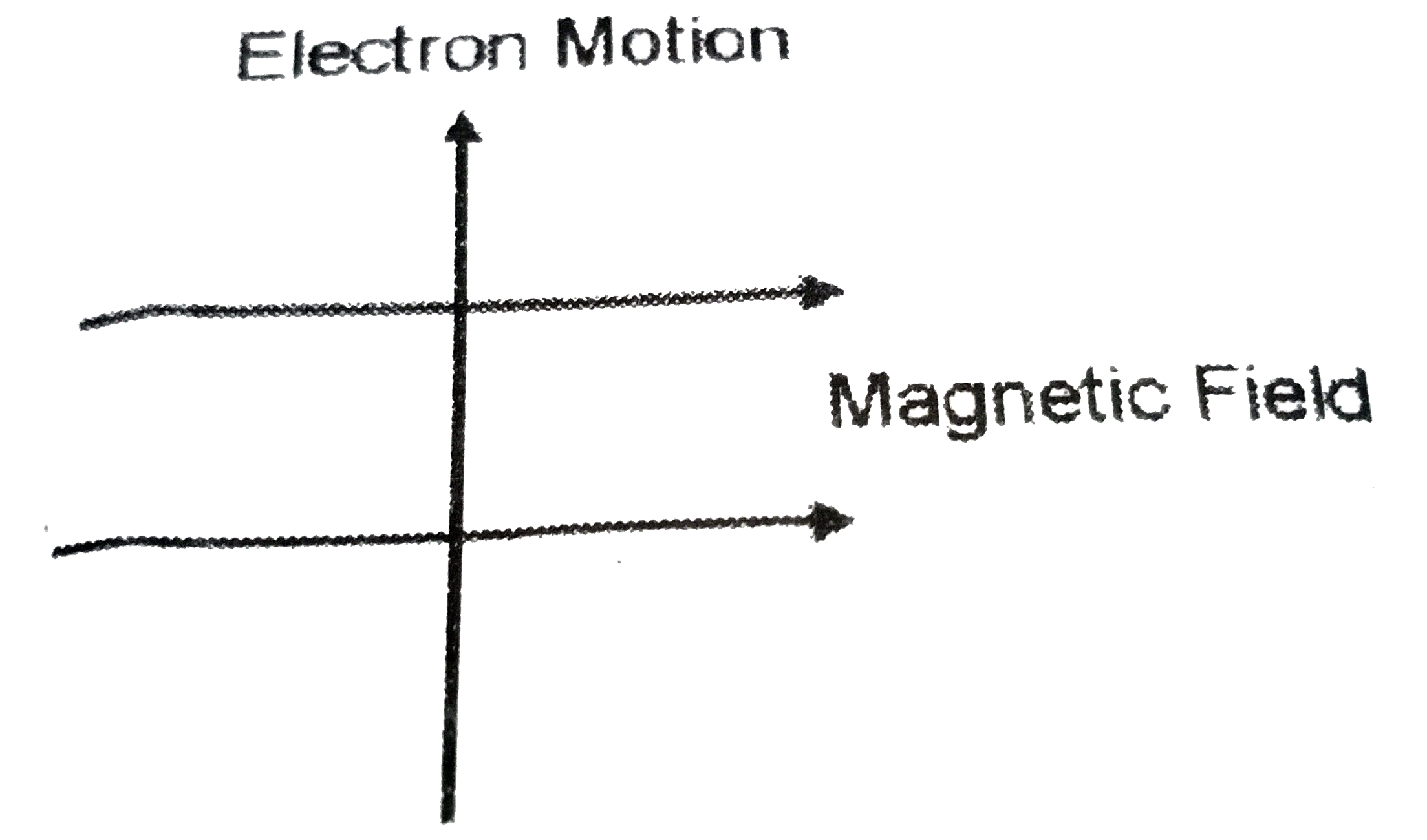 The motion of an electron in presence of a magnetic field is depicted in the figure. Force acting on the electron will be directed