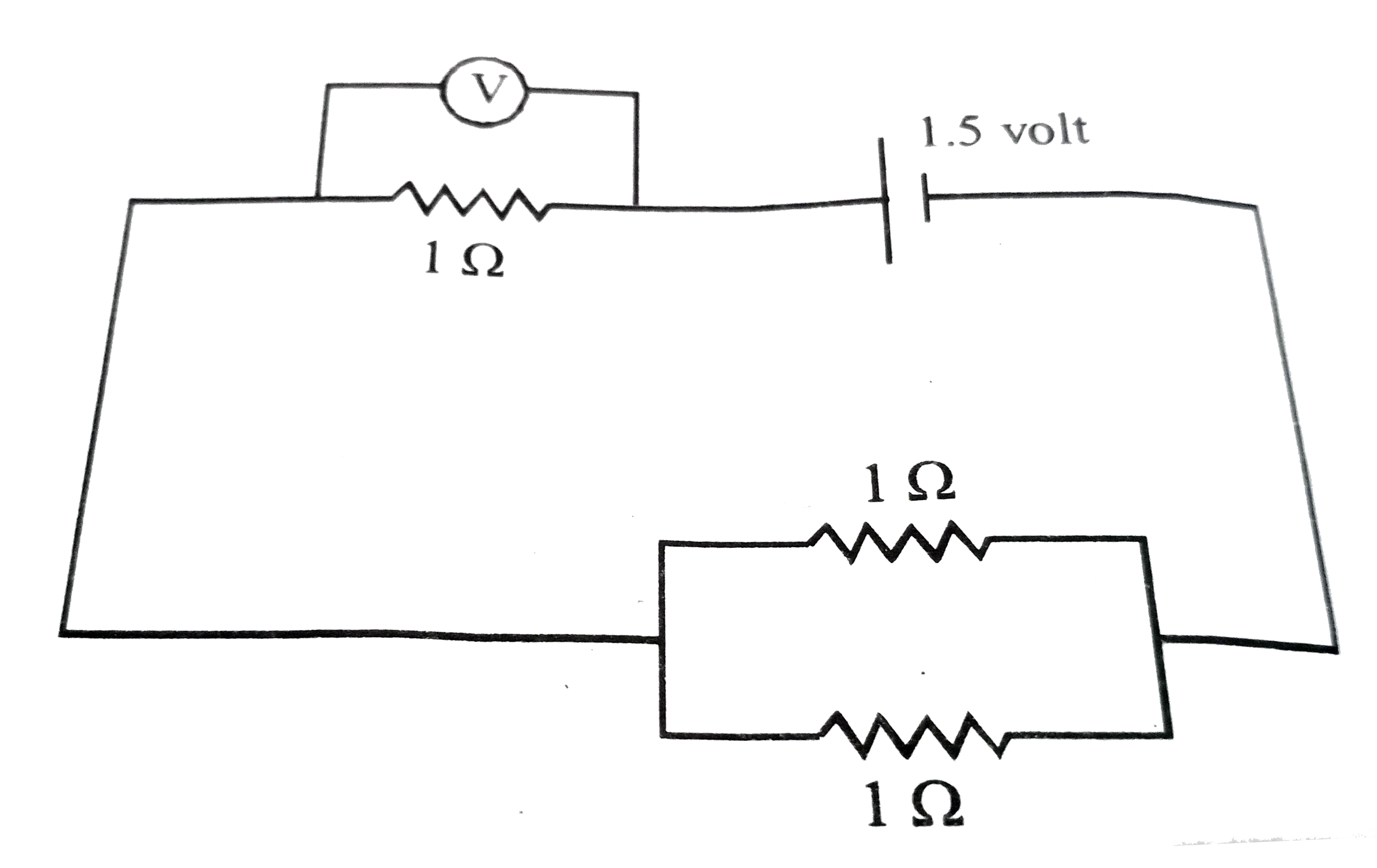 What should be the reading of the voltmeter in the circuit given above ?   (All the resistance are equal to 1Omega and the battery is of 1.5 volt)