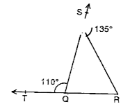 In figure, sides QP and RQ of DeltaPQR are produced to points S and T respectively. If /SPR = 135^@ and /PQT = 110^@, find /PRQ.