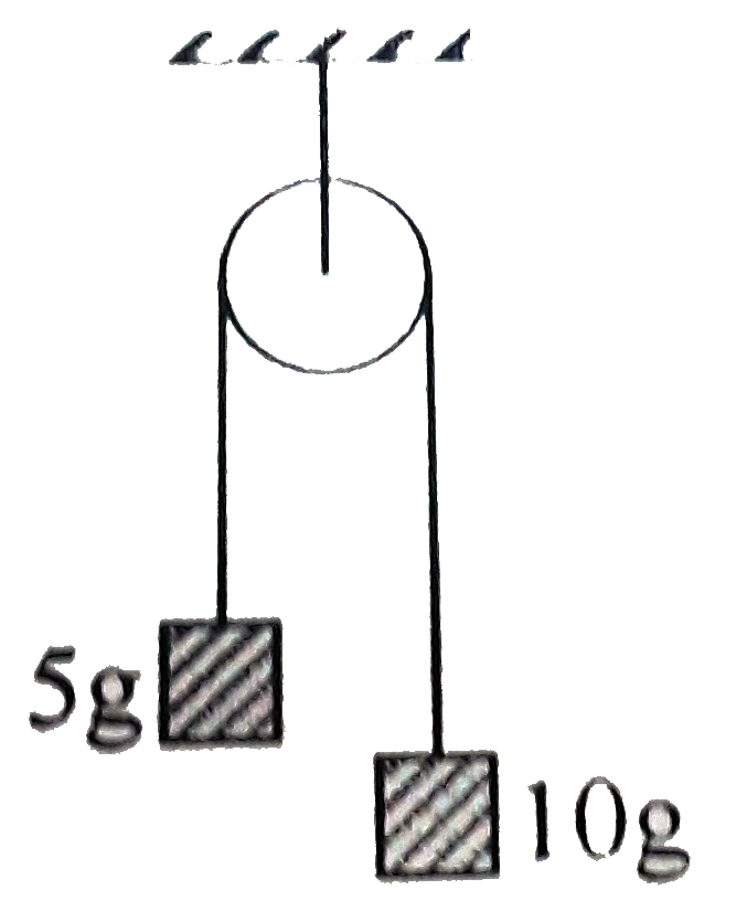 Two masses as shown are suspended from a massless pulley. Calculate the acceleration of the system when masses aere left free: