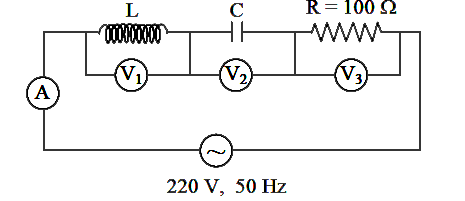 In the given circuit the reading of voltmeter V(1) and V(2) are 300 volts each. The reading of the voltmeter V(3) and ammeter A are respectively –