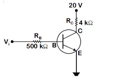 In the circuit shown in the figure, the input voltage V(i) is 20 V, V(BE)=0 and V(CE)=0 . The values of I(B), I(C) and beta are given by