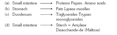 Which one of the following is the correct mathcing of the site of action on the given substrate, the enzyme acting upon it and the end producrt?