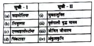 सूची –I को सूची –II के साथ मिलान करो      निम्न विक्लपों से उचित उत्तर का चयन करो।