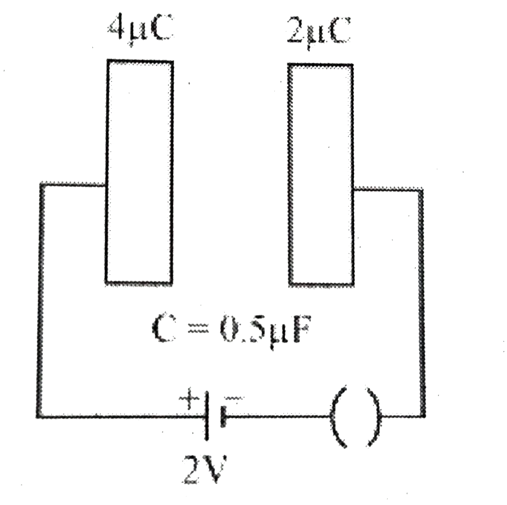A parallel plate capacitor having capacitance 0.5mu is taken. Plates are given charges as shown in the figure. When key is open the energy stored in capacitor is U(1) % when key is closed the enrgy stored bucome U(2) Find. (U(1))/(U(2)) ?