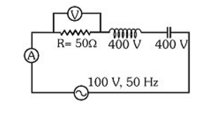 In given LCR circuit, the voltage across the terminals of a resistance & current will be–